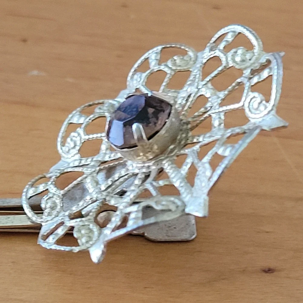 Vintage JAPAN Filigree Flower Hair Clip Smoky Rhinestone Silver Tone